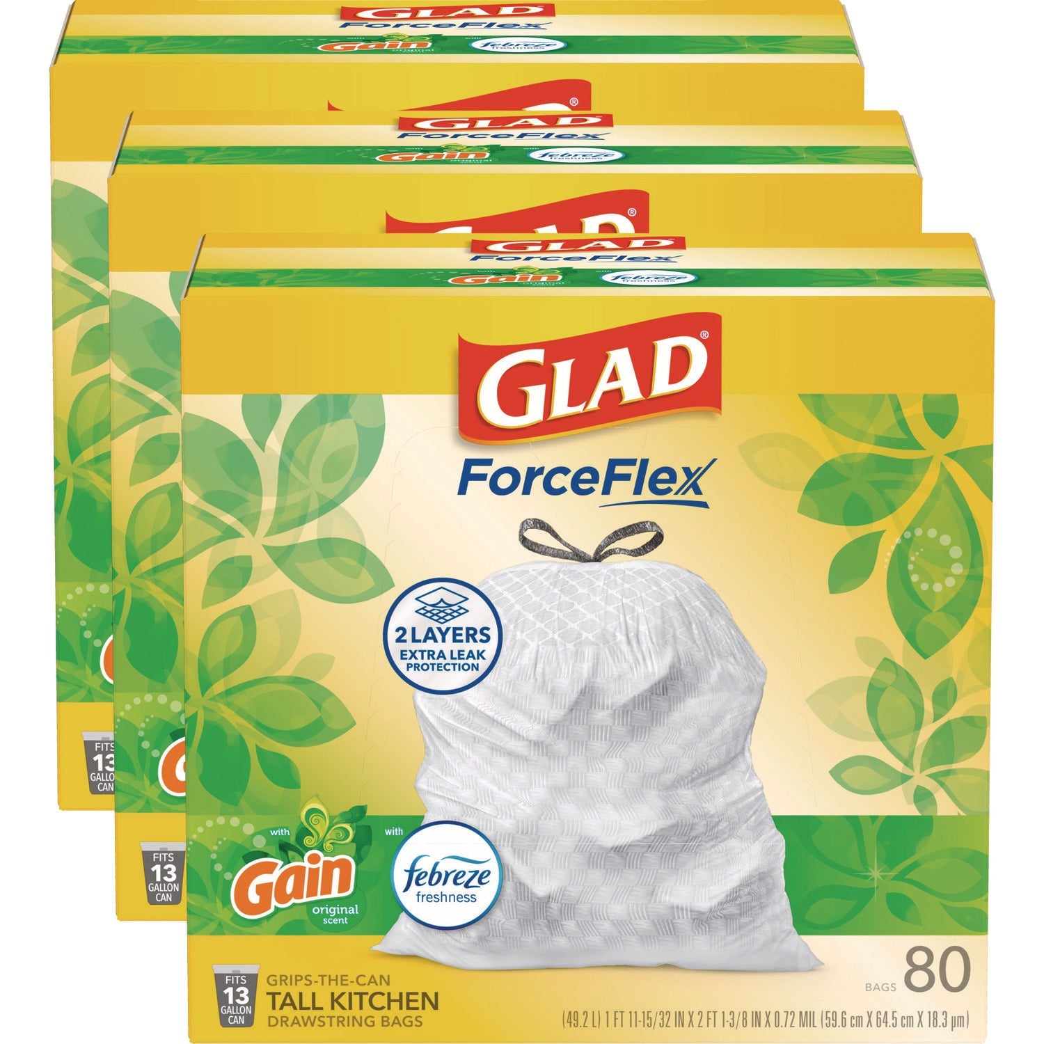 OdorShield Tall Kitchen Drawstring Bag Value Pack, 13 gal, Gain Original Scent, 24" x 27.38", White, 80 Bags/Box, 3 Boxes/CT