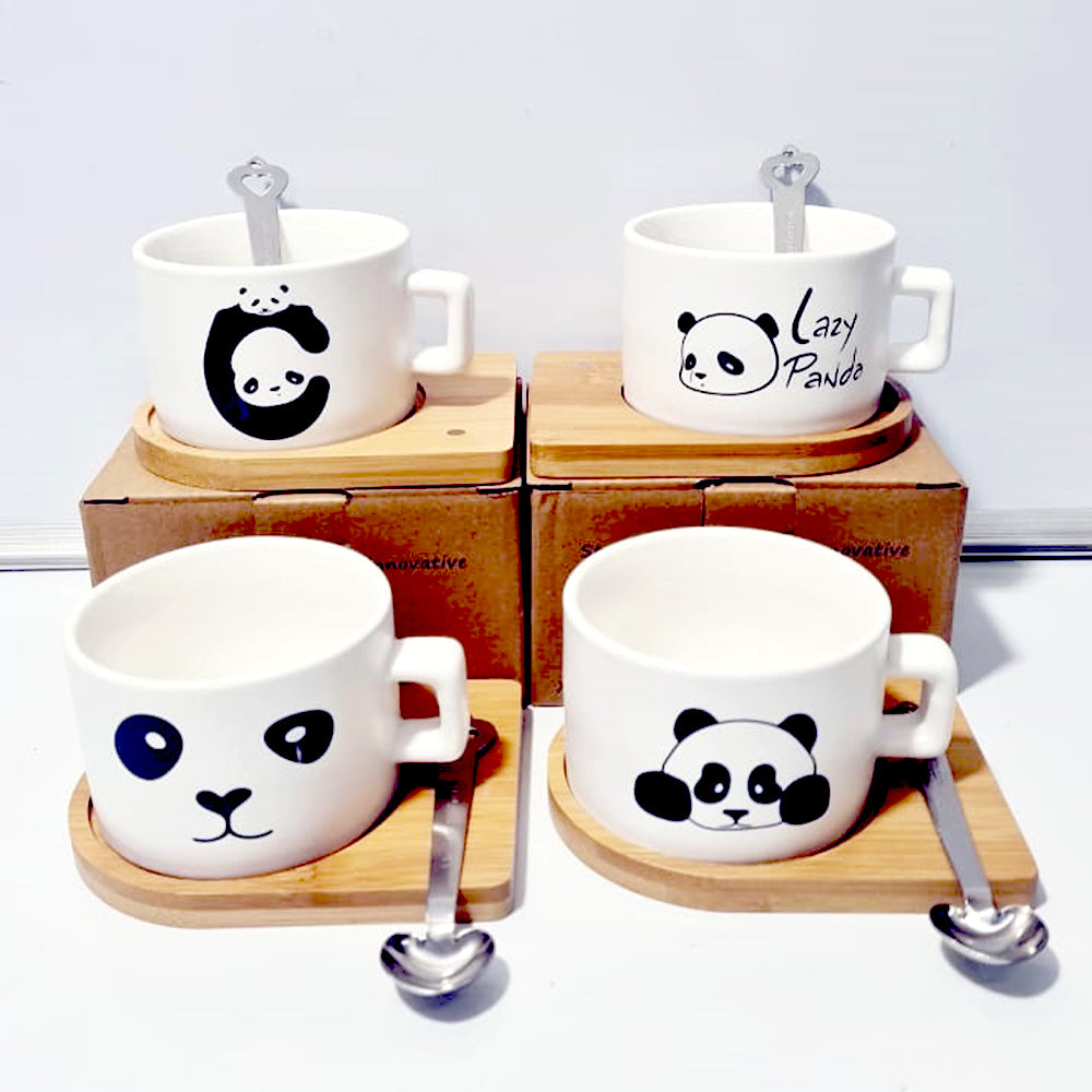 (Net) Charming Panda Ceramic Cup with Wooden Dish and SpoonLazy Panda