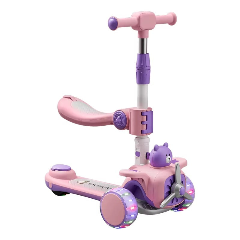 (Net) Foldable And Adjustable Baby Scooter With Gravity Steering And LED Flashing 3 Wheels Safe And Fun RidePink