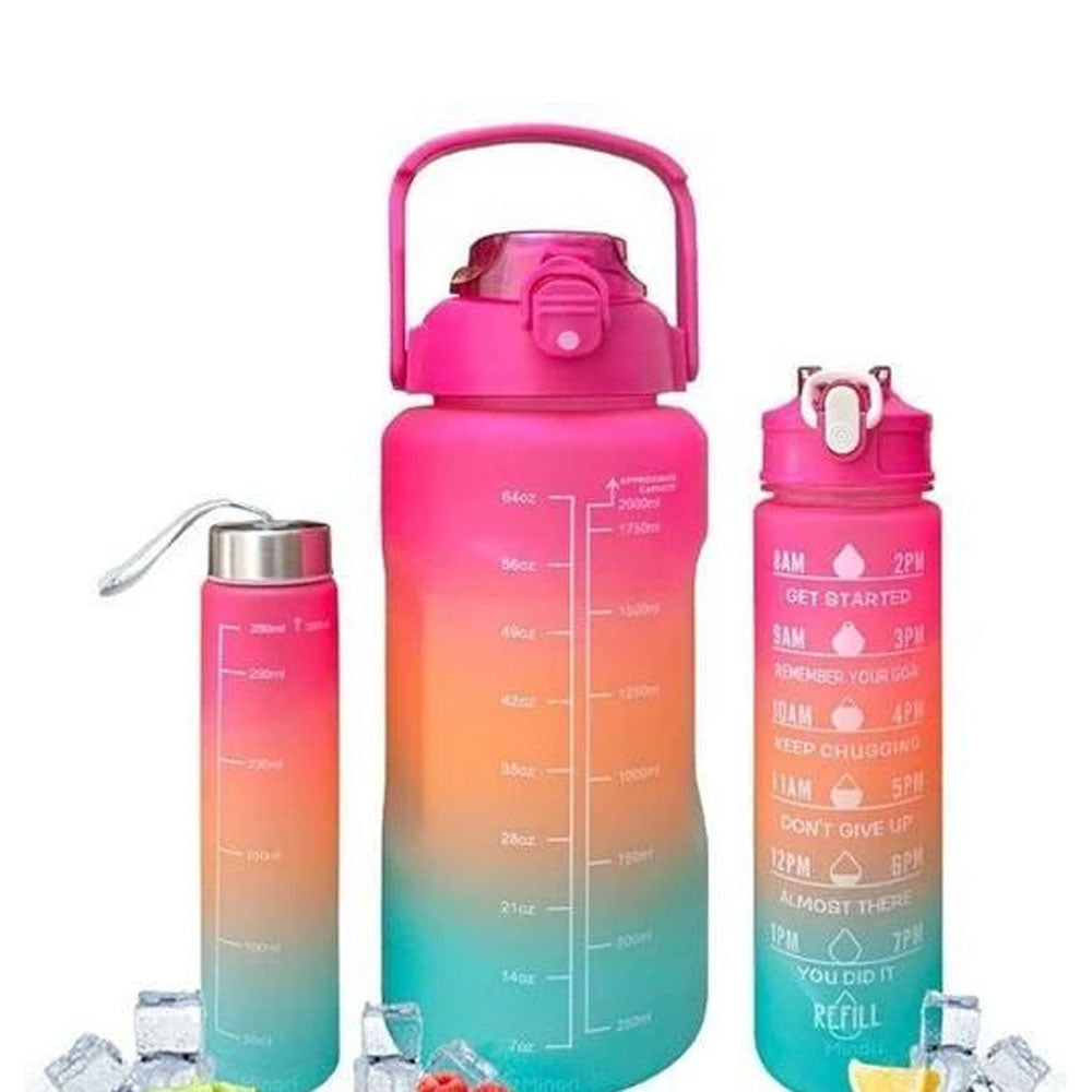 (Net) Motivational Water Bottles with Straw - Set of 3Grey
