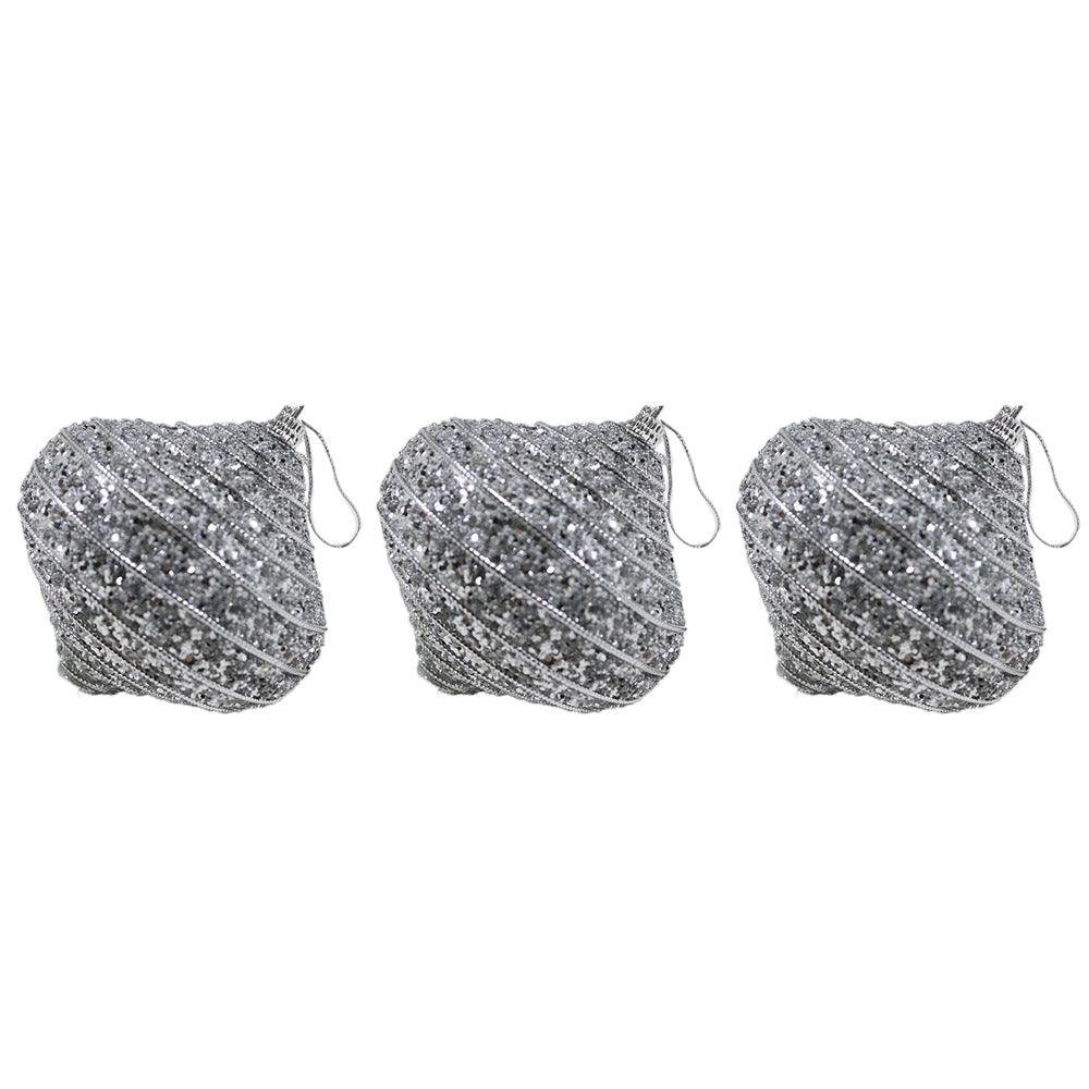Christmas Oval Glitter Striped Silver Balls Tree Decoration Set (3 Pcs)
