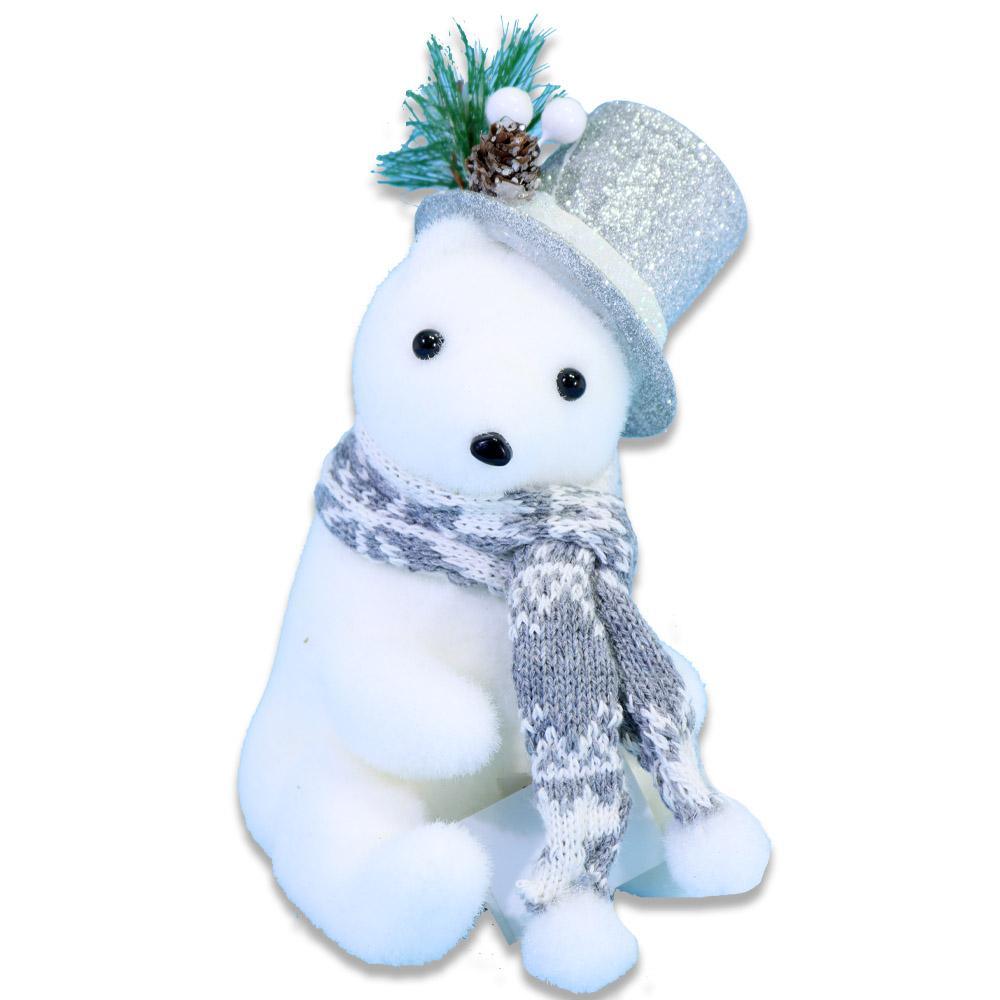 Christmas Sitting White Bear With Silver Glitter Hat / Q-779