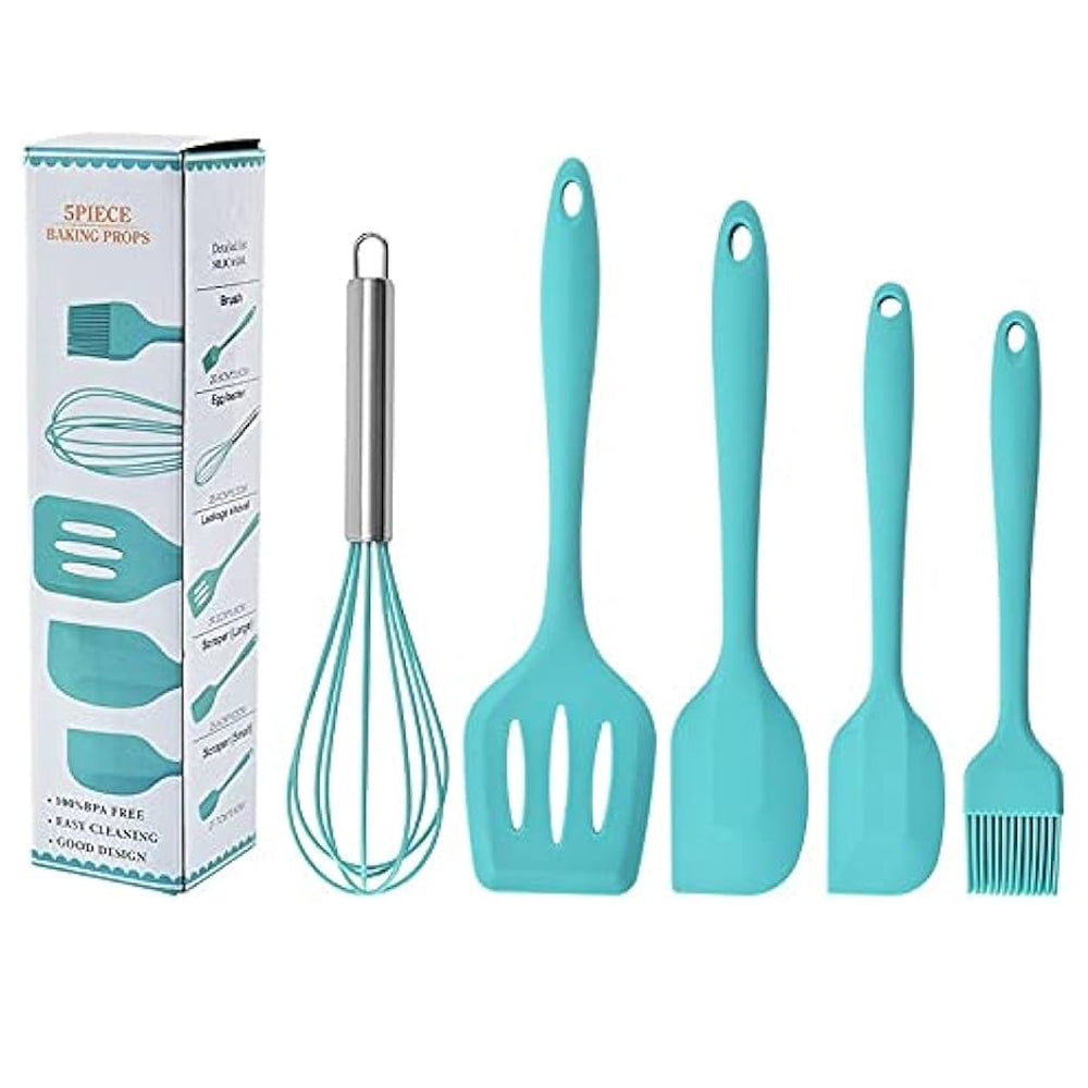 International Premium Silicone Kitchen Utensils Set (5 pcs) in Hygienic Solid Coating Include Silicone Spatula Set, Turner, Brush, WhiskBlue