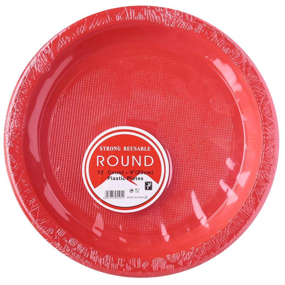 Strong Round Plastic Plates (12 Pcs) / H-913Red
