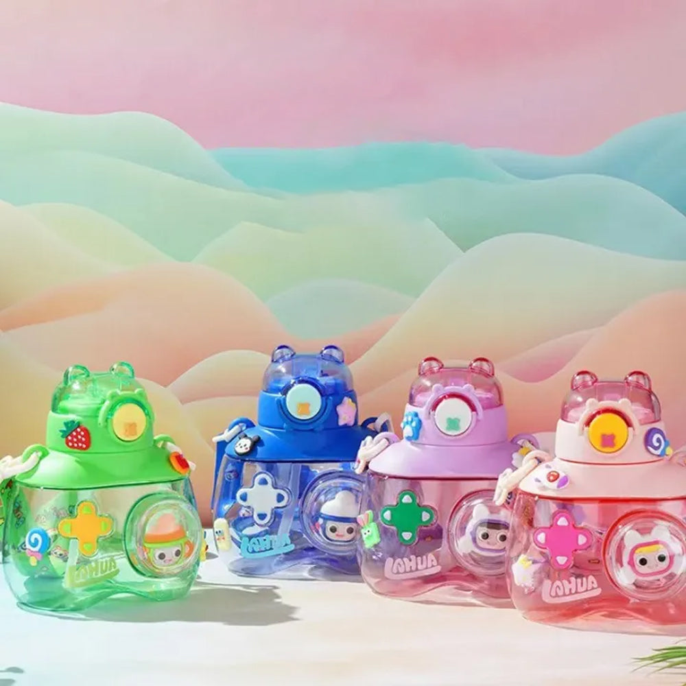 Water Bottle Cute Bear With Straw 750mlBlue